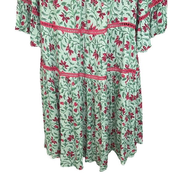 Celina Moon Green Pink Floral Crochet Lace Trimmed Tiered Crinkly Mini Dress - M - Picture 4 of 12